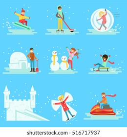 People Having Fun In Snow In Winter Collection Of Illustrations