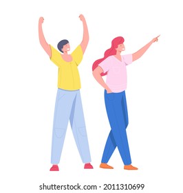 People having fun in success pose or achieving a goal with raised arms. Vector flat style illustration.