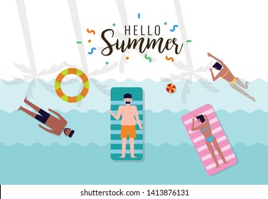 People having fun with swimming. summer vacation concept. flat character design. vector illustration.