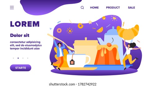 People having fun in tea party. Cartoon men and woman enjoying hot drink, cookies, croissant, dessert. Vector illustration for coffee break, bakery, sugar, menu concept