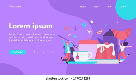 People having fun in tea party. Cartoon men and woman enjoying hot drink, cookies, croissant, dessert. Vector illustration for coffee break, bakery, sugar, menu concept