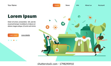 People having fun in tea party. Cartoon men and woman enjoying hot drink, cookies, croissant, dessert. Vector illustration for coffee break, bakery, sugar, menu concept