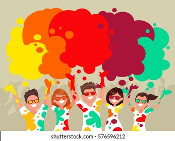 People having fun throwing colorful powder on the spring festival of Holi. Template for invitation poster. Vector illustration in a flat style