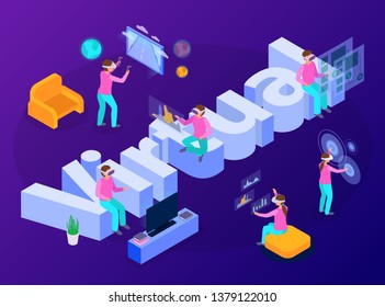 People having fun with virtual reality devices isometric composition 3d vector illustration