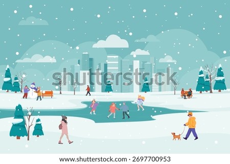 People having fun in a winter city park. A winter park landscape with people against a backdrop of buildings. People are skating, building snowmen, playing snowballs, and walking their dogs.