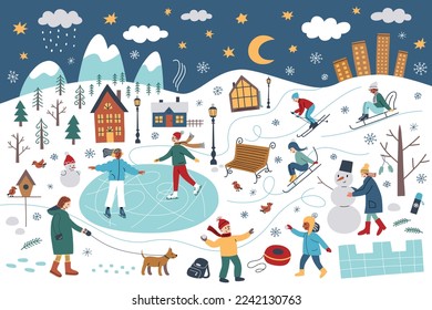 People having fun in winter park with snow, hand drawn landscape, doodle icons of trees, houses, vector illustrations of cartoon characters doing outdoor winter activities, countryside panorama