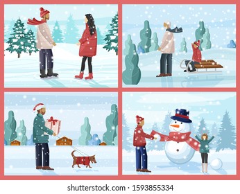 People having fun in winter season. Building snowman, walking the dog, ice skating, sledging, playing with snowballs. Holiday vector