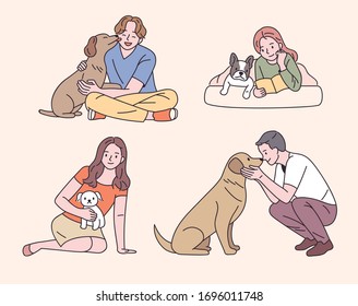 People having a good time with dogs. hand drawing style vector illustration.