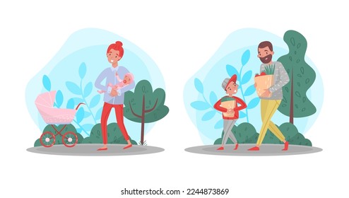 People having good time outdoors. Mom walking with baby stroller. Father and son carrying shopping bags cartoon vector