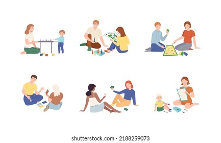 People having good time playing board games set vector illustration