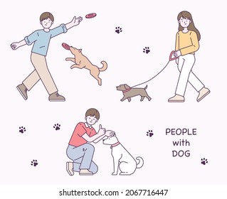 People are having a good time walking with their dogs. flat design style vector illustration.
