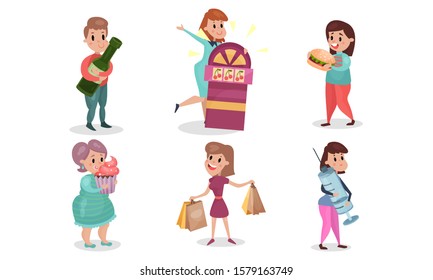 People Having Harmful Addictions Vector Illustrations Set