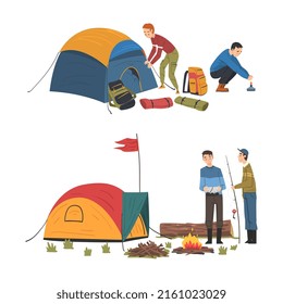 People having hiking trip and camping near bonfire cartoon vector illustration