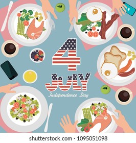 People having Holiday dinner together, top view. Independence day of United States of America greeting poster. Editable vector illustration