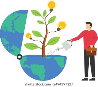 People having idea for eco future environment electricity, businessman found a shiny light bulb, new idea for startup, Vector illustration design concept in flat style

