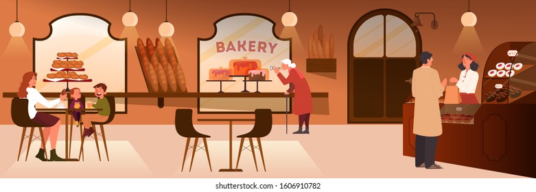 People having lunch in bakery. Family spend time together, cafeteria interior. Vector illustration in cartoon style