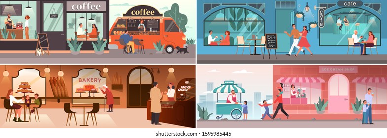 People having lunch in cafe. Female and male characters drink coffee in coffee shop. Family in ice cream shop, cafeteria interior. Set of vector illustration.