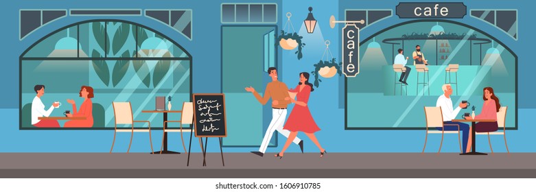 People having lunch in cafe. Female and male characters drink coffee in coffee shop. Business meeting in coffee shop, cafeteria interior. Vector illustration in cartoon style