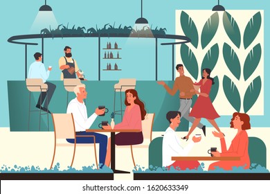 People having lunch in cafe. Female and male characters drink coffee in coffee shop. Business meeting and romantic date in coffee shop, cafeteria interior. Vector illustration in cartoon style