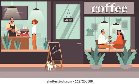 People having lunch in cafe. Female and male characters drink coffee in coffee shop. Business meeting and romantic date in coffee shop, cafeteria interior. Vector illustration in cartoon style