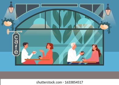 People having lunch in cafe. Female and male characters drink coffee in coffee shop. Business meeting and romantic date in coffee shop, cafeteria interior. Vector illustration in cartoon style