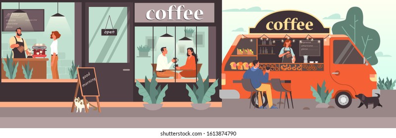 People having lunch in coffee shop. Female and male characters drink coffee in coffee shop. Mobile coffee shop track. Isolated vector illustration