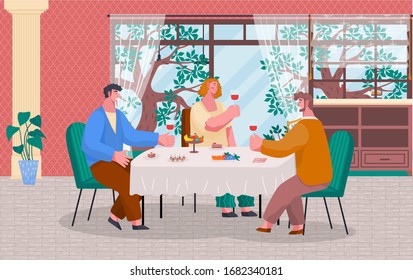 People having lunch or dinner in restaurant or at home. Friends meeting with wine and food like desserts and fruits. Luxury interior, big window with beautiful landscape. Vector illustration in flat