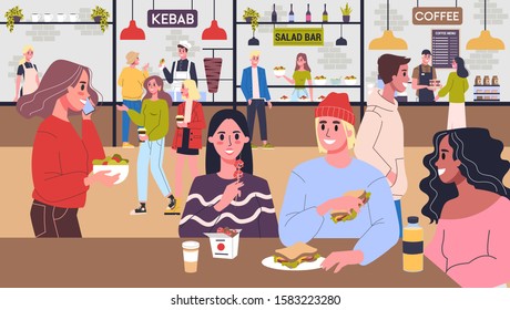 People having lunch at in food court. Female and male characters eating different delicious food. Various cuisine in one place. Mall cafeteria interior. Vector illustration.