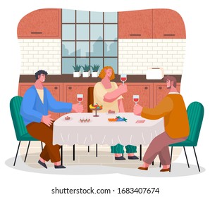 People having lunch at home. Friends spending time and celebrating together. Wine and desserts and fruits on table. Kitchen interior, window with landscape. Vector illustration of guests on reception