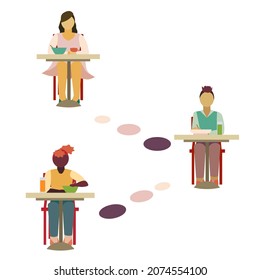 People having lunch in the office with Social distance in Flat design style, vector pandemic lunchtime on white isolated background for posters, prints, booklets, icons for social media, apps and webs