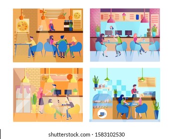 People having lunch in restaurant. Female and male characters eating in cafe. Teenagers having a meal in food court, cafeteria interior. Set of vector illustration.