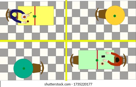 People having lunch in restaurant and keeping social distance. Isolated dinner tables. Isolated yellow line. Stay safe.