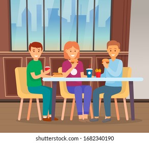 People having lunch together in fast food restaurant. Friends spending time and eating out. Men and woman eat burgers and drink soda. Cafe interior with urban view from window. Vector illustration