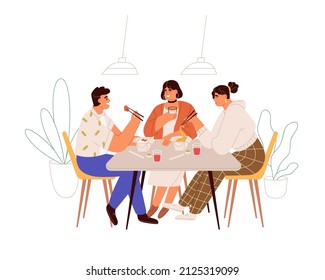 La gente come, almuerza en la mesa. Amigos felices sentados juntos en un café con trabajo asiático, comiendo y hablando. Hombre y mujer con comida para la cena. Ilustración vectorial plana aislada en fondo blanco