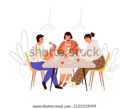 People having meal, lunch at table. Happy friends sitting together in cafe with Asian wok, eating and talking. Man and women with dinner food. Flat vector illustration isolated on white background