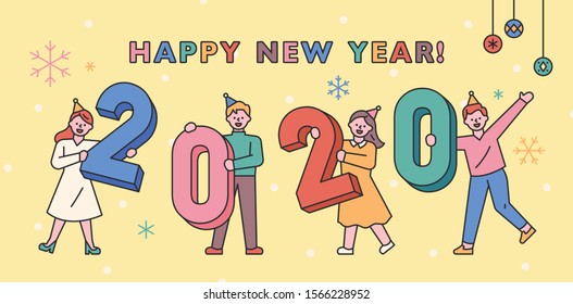 People having a New Year party holding 2020 numbers. flat design style minimal vector illustration.