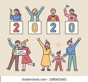 People are having a New Year's party. 2020 number card. flat design style minimal vector illustration.