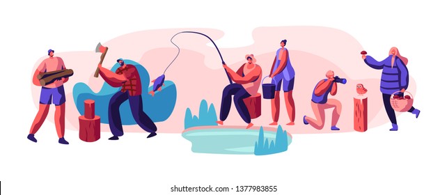 People Having Outdoors Active Rest Set. Male and Female Characters Hobby at Leisure Time, Men and Women Relaxing, Fishing, Taking Pictures, Pick Up Mushrooms, Camping. Cartoon Flat Vector Illustration