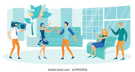 Gente con una fiesta en una ilustración vectorial plana o en un apartamento. Hombre y mujer bailando, pareja tomando fotos o haciendo video. Guy Holding Recorder con Música Switched.