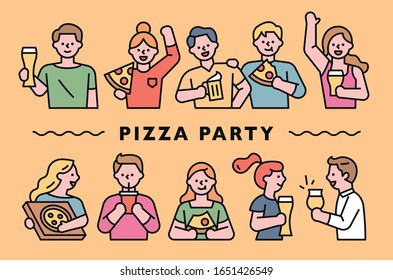 La gente está haciendo una fiesta con pizza y tazas de cerveza en sus manos. ilustración vectorial mínima de diseño plano.