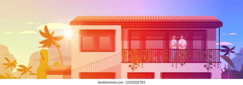 people having party in private villa or hotel with balcony man woman couple relaxing together summer vacation concept