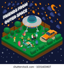 People having picnic with alien characters in yard with spaceship isometric composition 3d vector illustration