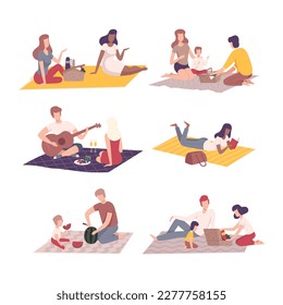 People having picnic on nature set. Families spending time together and relaxing outdoors flat vector illustration