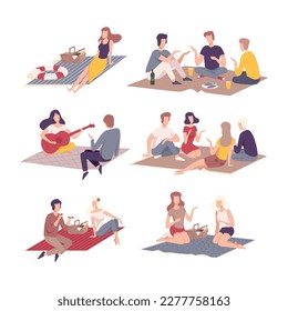 People having picnic on nature set. Friends spending time together and relaxing outdoors flat vector illustration