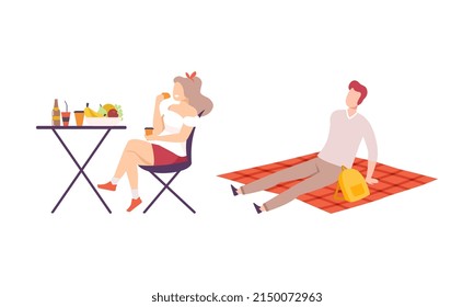 People Having Picnic in the Park Sitting on Blanket and at Table Eating Food Enjoying Leisure Activity Vector Illustration Set