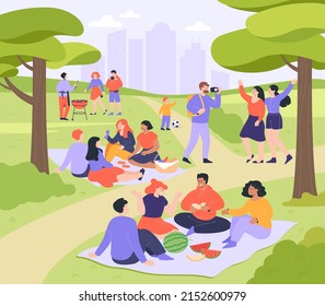 People having picnic in public park flat vector illustration. Happy men and women, family and children sitting on blanket, eating and talking. Landscape, leisure, outdoor activity concept