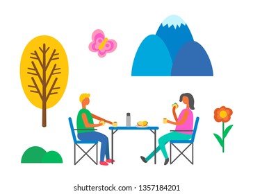 People having picnic vector, man and woman eating fast food on nature. Burgers and tea hot beverage, trees and flowers, summer butterfly and bushes