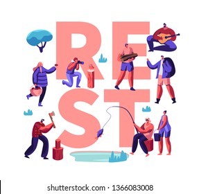 People Having Rest Creative Poster. Male and Female Characters Hobby at Leisure Time, Men and Women Relaxing, Fishing, Taking Pictures, Pick Up Mushrooms, Camping. Cartoon Flat Vector Illustration