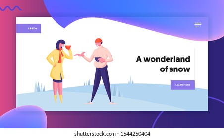 People Having Rest on Ski Resort at Winter Holidays Website Landing Page. Man and Woman in Warm Clothes Drinking Hot Beverages on Mountain Landscape Web Page Banner. Cartoon Flat Vector Illustration