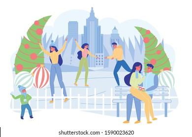 People Having Rest in Park Flat Cartoon Vector Illustration. Couple in Love Sitting on Bench with Takeaway Coffee. People Ice Skating on Rink. Boy Throwing Snowball. Christmas or New Year Decoration.